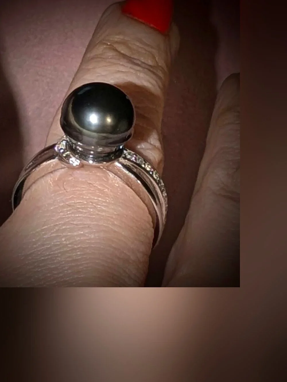 Cultured Black Tahitian Pearl W/ White Zircon Rhodium Over 925 Sterling Ring Sz8